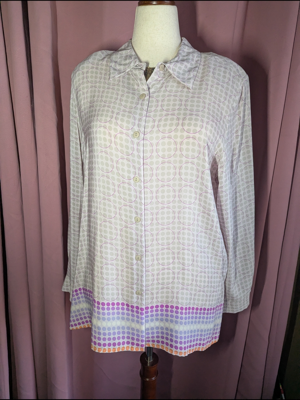SILK LORE Silk Dot Button-Down Shirt with Gradient Hem L NWT